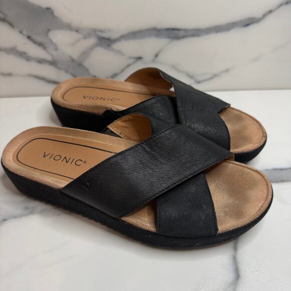 Vionic Shoes - Vionic Wmns Black Leather Hayden Wedge Slides Sandals Sz 8.5 Comfort Minimalist